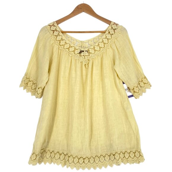 Piazza Roma XS Yellow Linen Top Crochet Lace Blouse Boho Bohemian Made in Italy - Picture 11 of 11